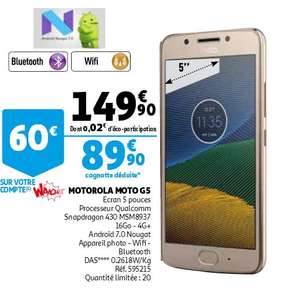 Smartphone 5" Motorola Moto G5 (via 60 € sur la carte + bon 5 € ) - Auchan Roncq (59)