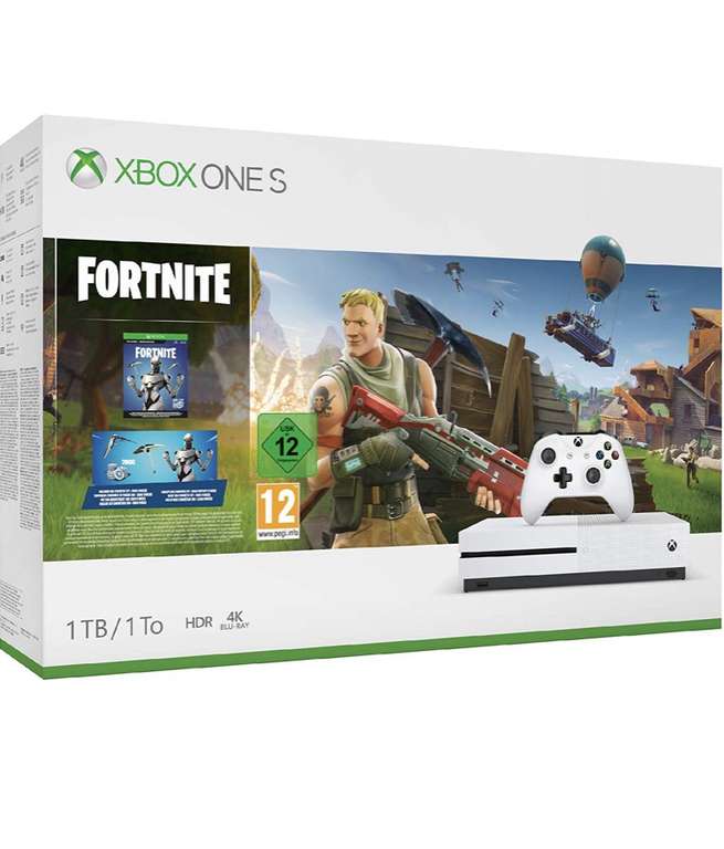 Pack console Microsoft Xbox One S (1 To) + Fortnite (incluant un skin + 1000 vbucks + le jeu complet incluant le mode « sauver le monde »)