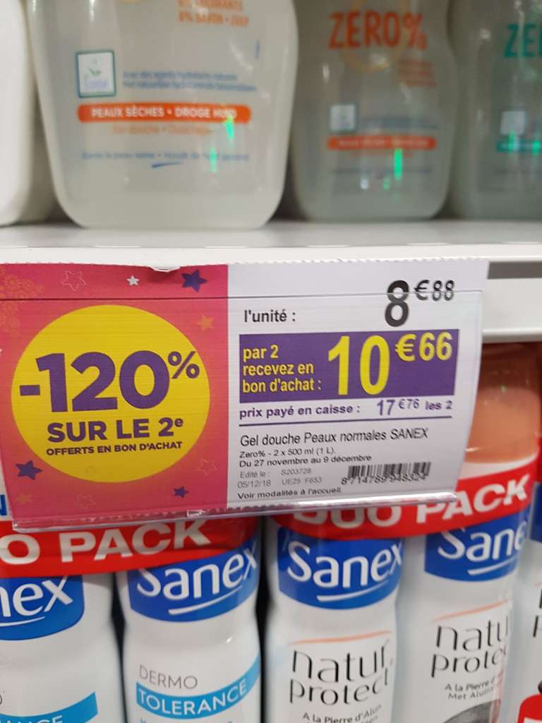2 lots de 2x500ml Gel douche Sanex Zero% (Via 10,6€ en bon d'achat) - Chaville (92)