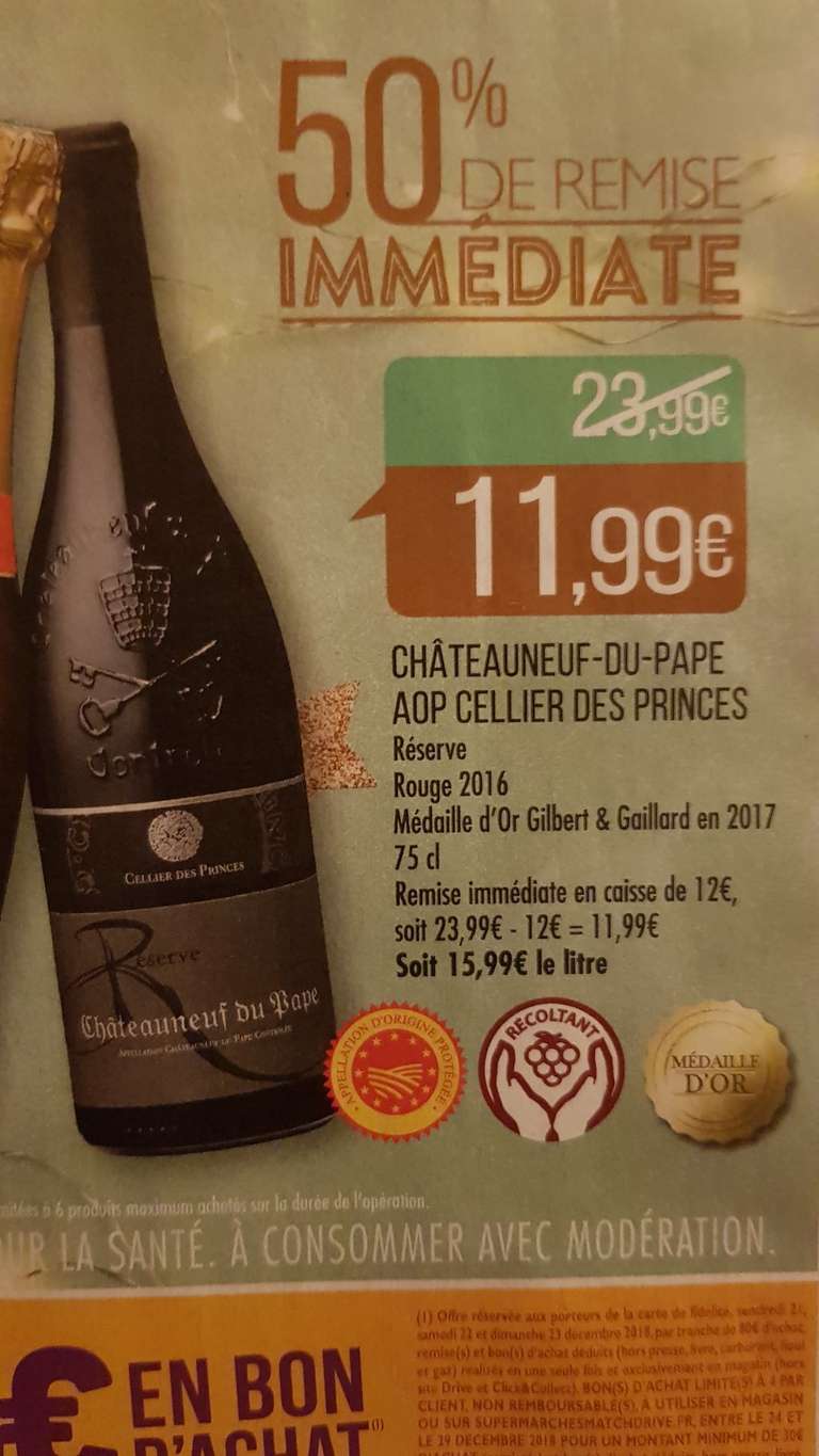 Bouteille de vin rouge Chateauneuf du Pape AOP Cellier des Princes 2016