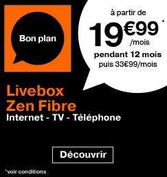 Jusqu'à -40% sur la Livebox Fibre et ADSL - Ex : Abonnement mensuel Livebox Zen Fibre pendant 1 an (location comprise) + 50€ offerts en chèques Kadéos ou 100€ en carte Auchan / Carrefour