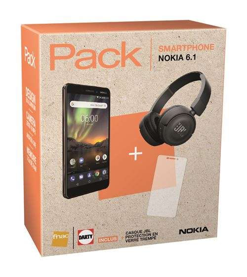 Pack Smartphone Nokia 6.1 Double SIM 32 Go Noir + Casque JBL + Protection d'écran en Verre trempé (Darty Occasion)