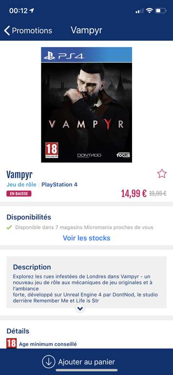 Jeu Vampyr sur PS4(11.99€) ou Xbox One (14.99€) (Dans une sélection de magasins)