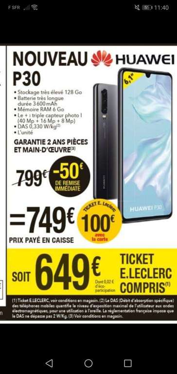 Smartphone 6.1" Huawei P30 - RAM 6Go, ROM 128 Go (via 100€ en tickets E.Leclerc) - Gouesnou (29)