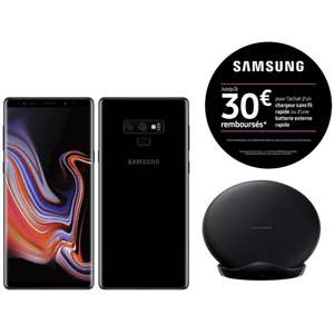 Smartphone 6.4" Samsung Galaxy Note 9 - 6 Go de RAM, 128 Go - noir + Chargeur Fast charge Pad induction Stand + Chargeur (via ODR de 30€)