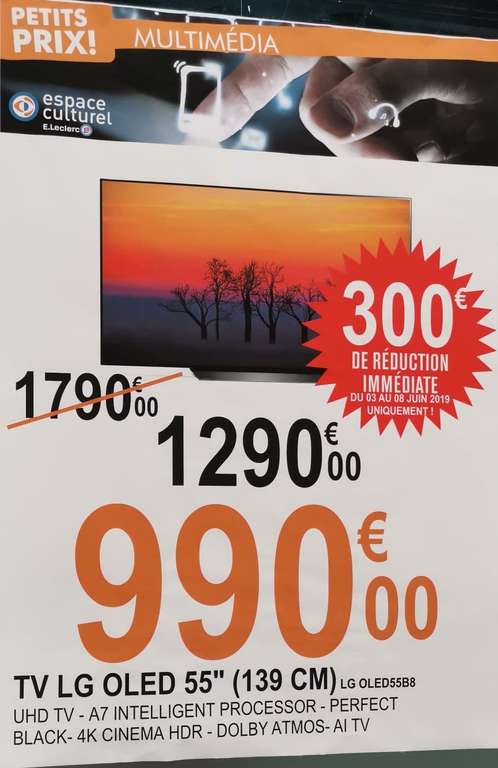 TV OLED 55" LG OLED55B8 (2018) - 4K UHD, HDR, Dolby Vision, Smart TV (Le Blanc-Mesnil - 93)
