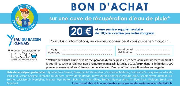 Bon d'achat de 20€ à dépenser pour l'achat d'une cuve de récupération de pluie (dans une sélection de magasins) - Rennes (35)