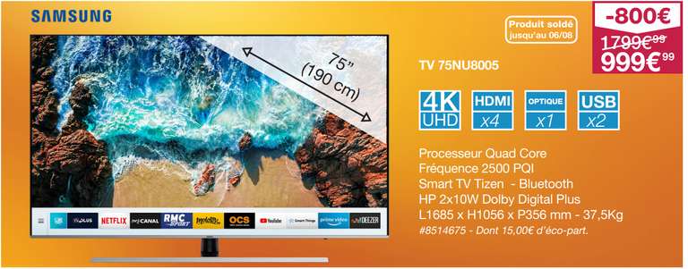 [Carte Costco] TV LCD 75" Samsung 75NU8005 - UHD 4K, Smart TV