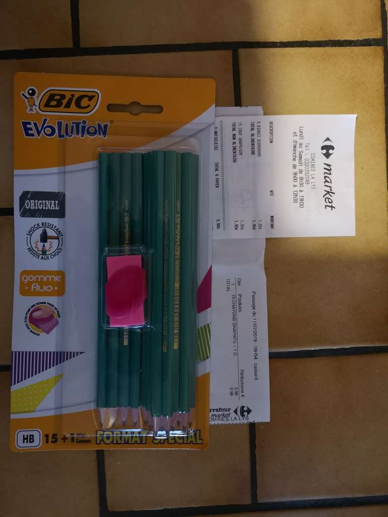 Paquet de 15 crayons graphique HB Bic Evolution + gomme Fluo (via 0.98€ sur la carte de fidélité) - Comines (59)