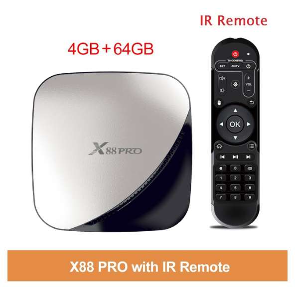Box TV Vontar X88 Pro - Android 9.0, 4 Go RAM, 64 Go ROM, WiFi, compatible Google Assistant, avec télécommande