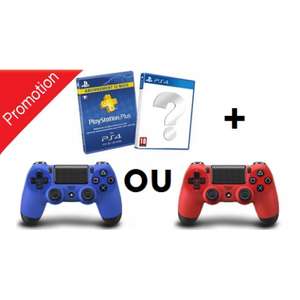 Pack 1 manette Sony DualShock 4 (bleu ou rouge) + abonnement de 24 mois au PlayStation Plus + 1 jeu vidéo aléatoire sur PS4