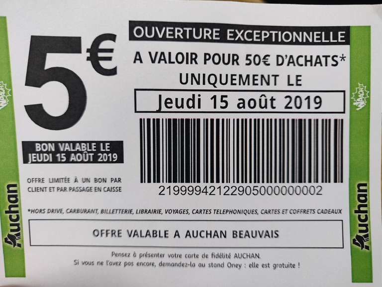 Bon de 5€ de réduction dès 50€ d'achat valable le jeudi 15 août - Beauvais (60)