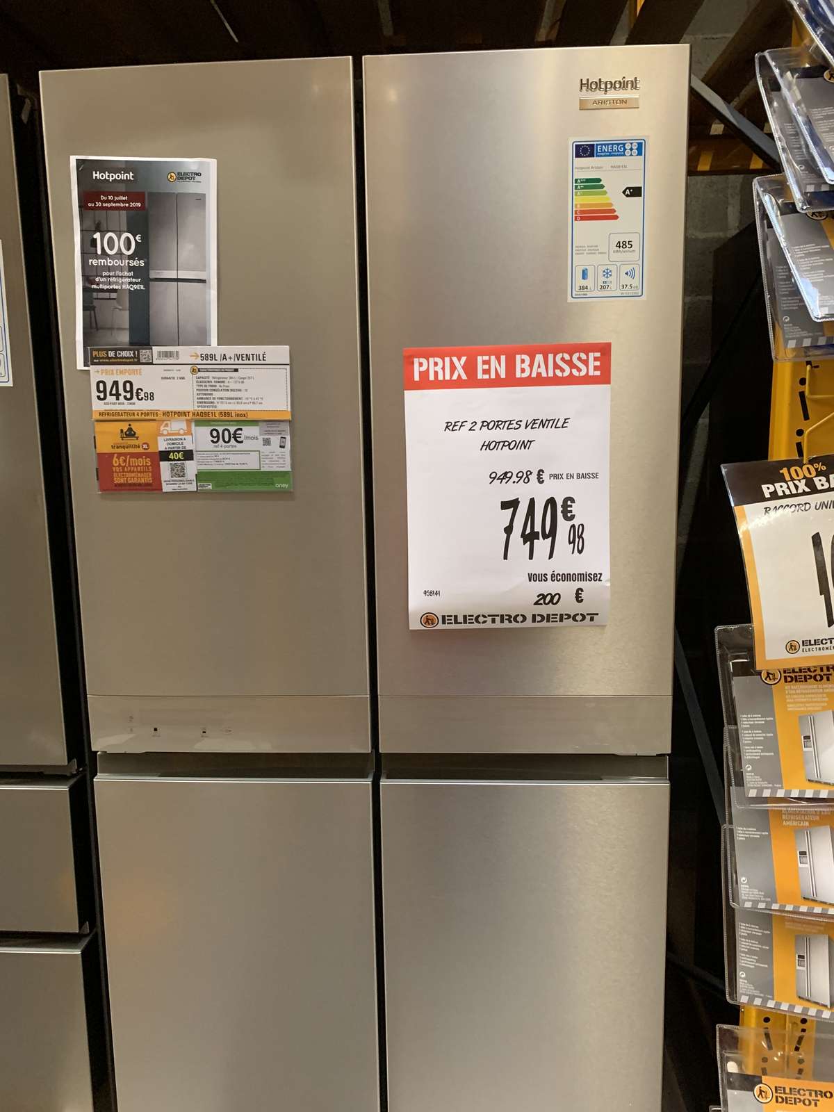 Réfrigérateur 4 portes Hotpoint HAQ9E1L - 591 L, Inox, A+ (via ODR de 100€)  - Colomiers (31) – Dealabs.com