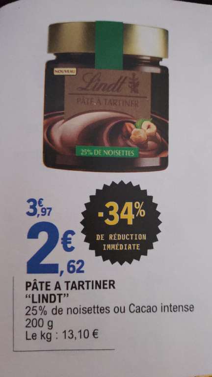 Pot de pâte à tartiner Lindt 25% Noisette ou Cacao Intense -  200g