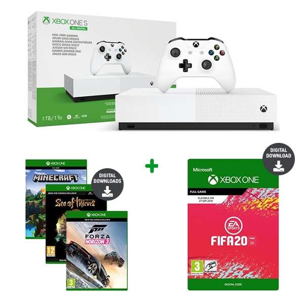 Pack Console Microsoft Xbox One S All-Digital (1 To) + Fifa 20 + 3 Jeux (+ 15€ sur le compte fidélité pour les adhérents)