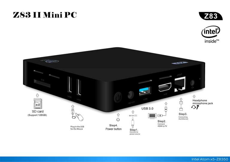 Mini-PC Fanless Z83II - Atom X5-Z8350, RAM 4 Go, 64 Go - HDMI - USB3 (75.81€ avec le code FRENCHDAYS)