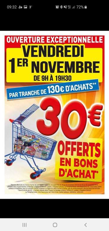 30€ offerts en 2 Bons d'achats par tranche de 130€ d'achats - Saint-Amand-les-Eaux (59)