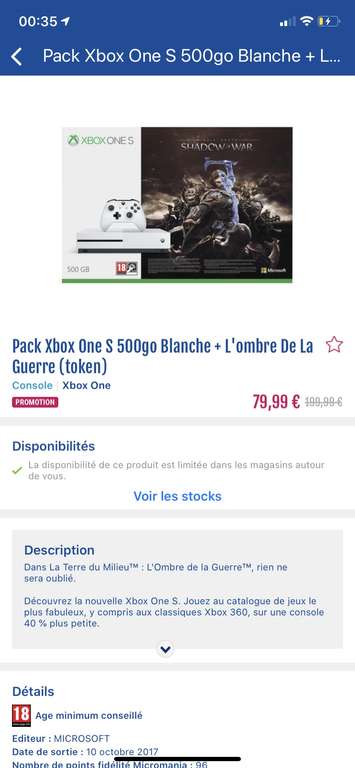 Pack Console Xbox One S - 500 Go + L’Ombre de la Guerre (75)
