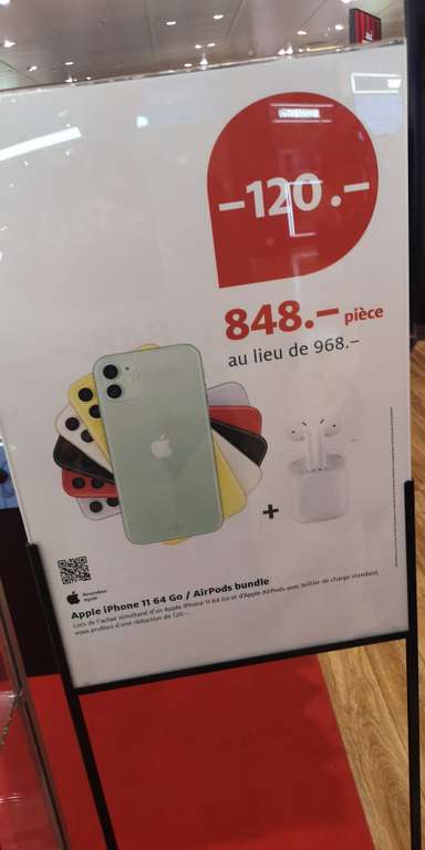 Smarpthone 6.1" Apple iPhone 11 - 64 Go + Ecouteurs sans-fil Apple AirPods v2 avec boitier de charge filaire - Genève (Frontaliers Suisse)