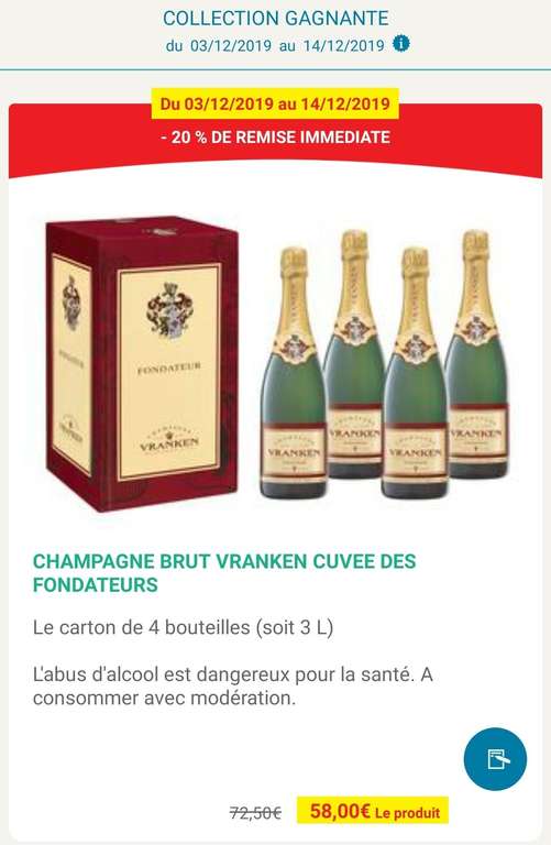 Caisse de 4 bouteilles de champagne brut Vranken Cuvée des Fondateurs - Super U de Bessancourt (95)