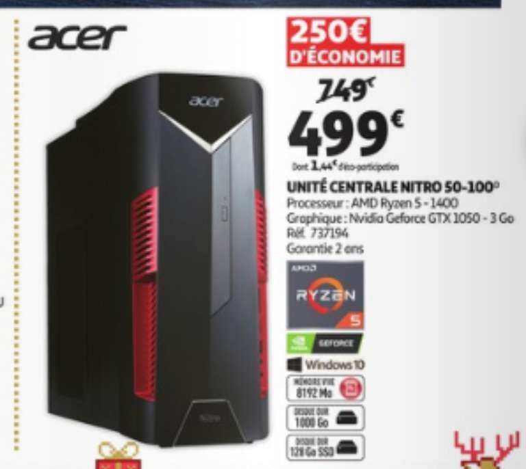 PC Acer Nitreo 50-100 - Ryzen 5-1400, GTX-1050 (3 Go), 8 Go de RAM, 1 To + 128 Go en SSD, Windows 10 - Saint Sébastien sur Loire (44)