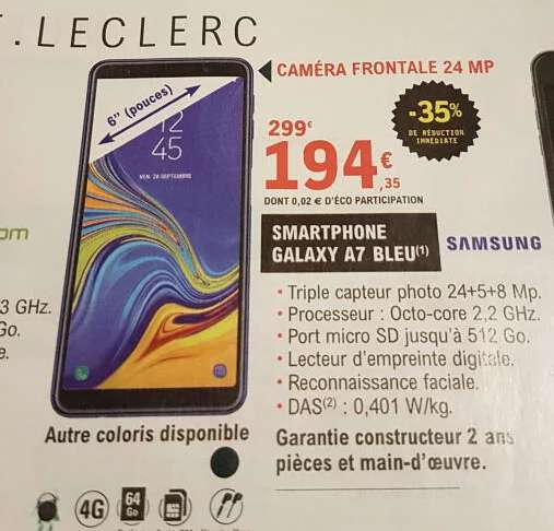 Smartphone 6" Samsung Galaxy A7 (2018) - 4 Go de RAM, 64 Go, Noir ou Bleu