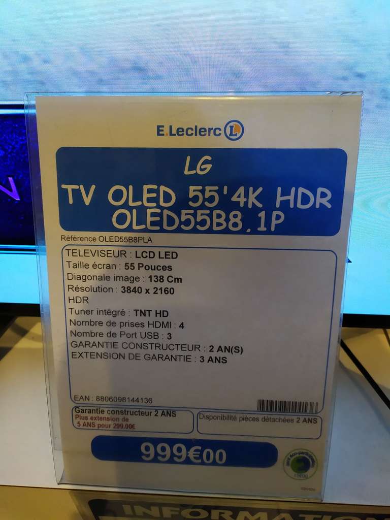 TV 55" LG 55B8 - 4K UHD, OLED, Smart TV - Bonneuil-sur-Marne (94)