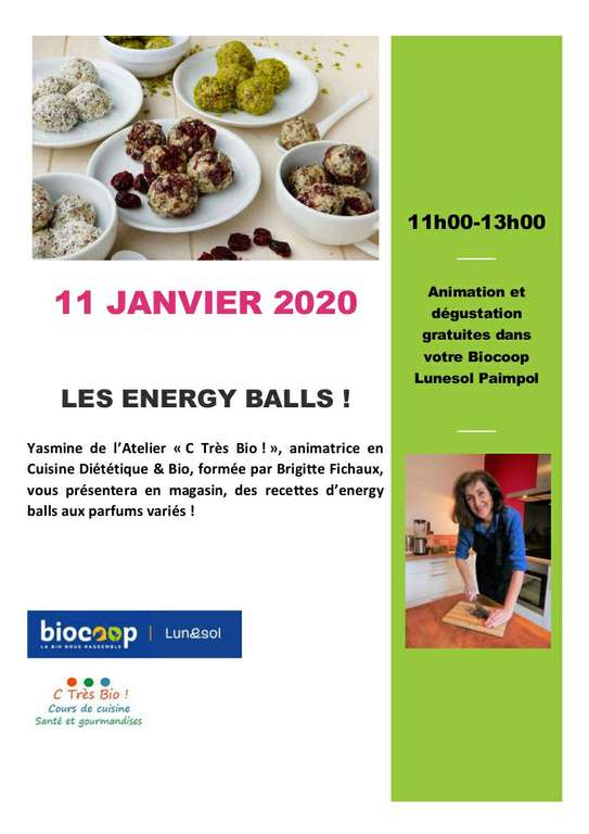 Atelier préparation et dégustation gratuite d'Energy Balls le 11 Janvier - Biocoop de Paimpol (22)