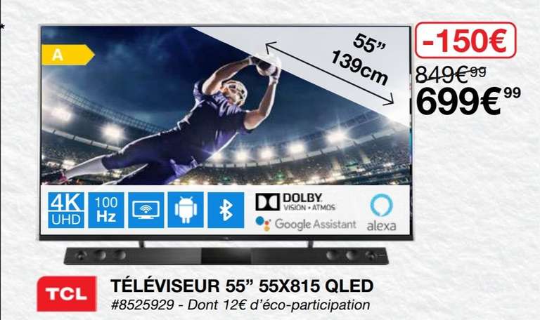 [Carte CostCo] TV QLED 55" TCL 55X815 - UHD 4K, HDR, Smart TV (Villebon-sur-Yvette 91)