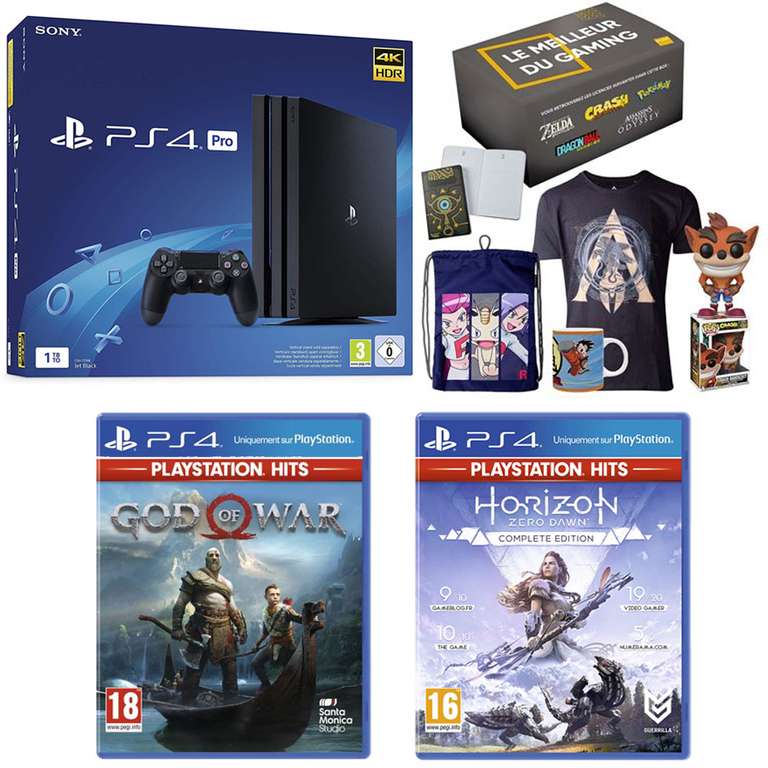 Pack Console Sony PlayStation 4 Pro (Noire ou blanche) + 2 Jeux PS Hits au choix + Box gaming Fnac