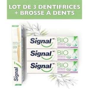 Lot de 3 dentifrices Signal bio + Brosse à dents en bambou