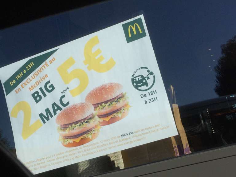 2 Hamburgers Big Mac pour 5€ au drive de 18h à 23h dans une sélection de restaurants - Ille-et-Vilaine (35)