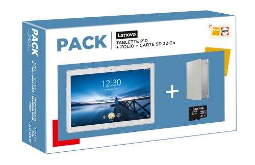Pack Tablette 10.1'' Lenovo P10 (64 Go, Blanc) + Micro SD 32Go + Cover