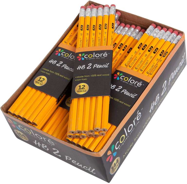 Lot de 144 Crayons Colore en Bois HB / No 2 avec Gommes à Effacer (Vendeur Tiers)