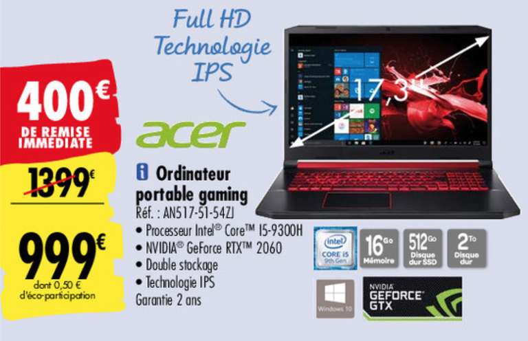 PC Gamer 17.3" Acer Nitro AN517-51-54ZJ - i5-9300H, SSD 512Go, 16 Go de Ram, GeForce 2060
