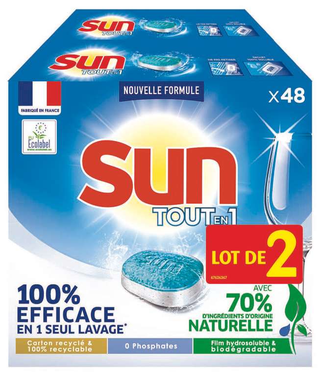 Lot de 96 tablettes pour lave vaisselle Tout-en-Un Sun "Efficace et respectueux"