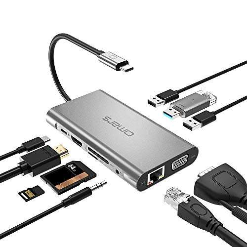 Hub USB-C Omars 10-en-1 HDMI, VGA, USB, RJ45 1Gbps LAN, SD/Micro SD, 3.5mm AUX Jack (Vendeur tiers)
