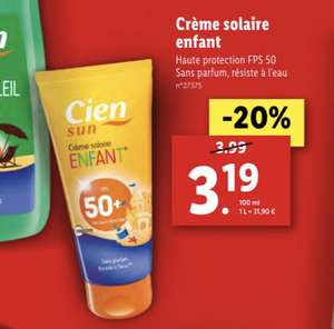 20% de réduction sur les crèmes solaires Cien - Ex: Crème enfant FPS 50