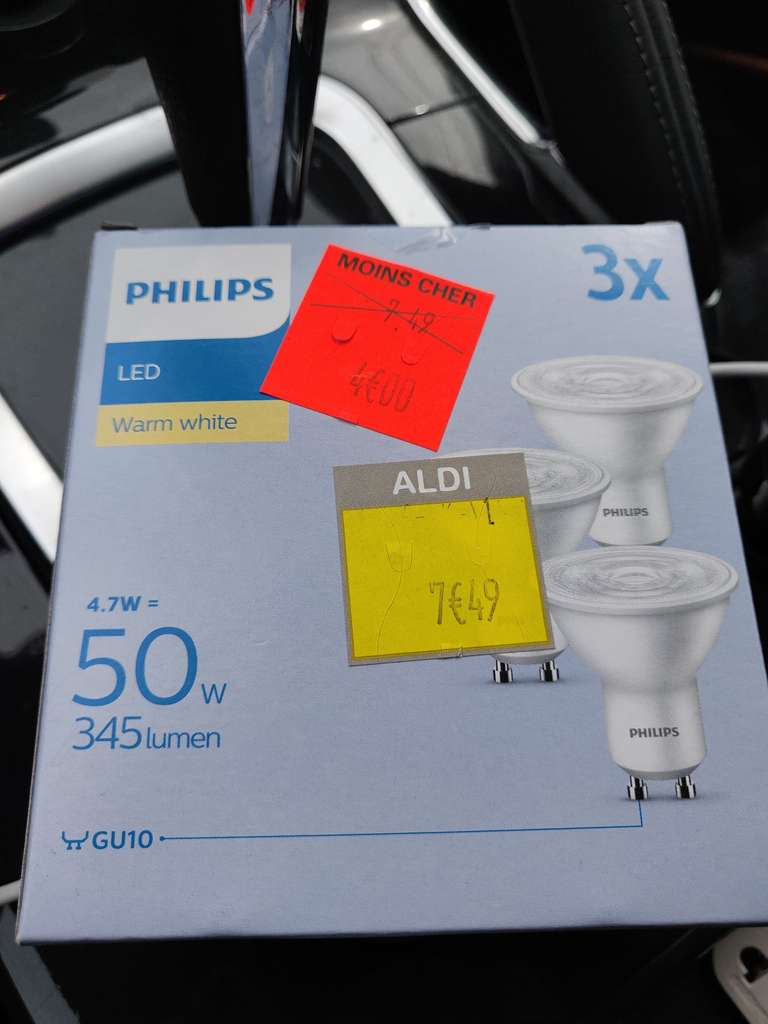 Lot de 3 ampoules LED Philips - GU10, 5.7 W (Aldi Pierres 28 / 78 / 91)
