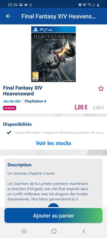 Produits en Promotion (Via Application Mobile dans une sélection de Magasins) - Ex: Extension Final Fantasy XIV: Heavensward sur PS4