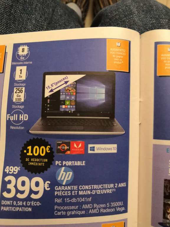 PC Portable 15,6" HP 15-db1041nf - Full HD SVA, Ryzen 5 3500U, 1 To HDD, 256 Go SSD NVMe M.2, Vega 8, Windows 10