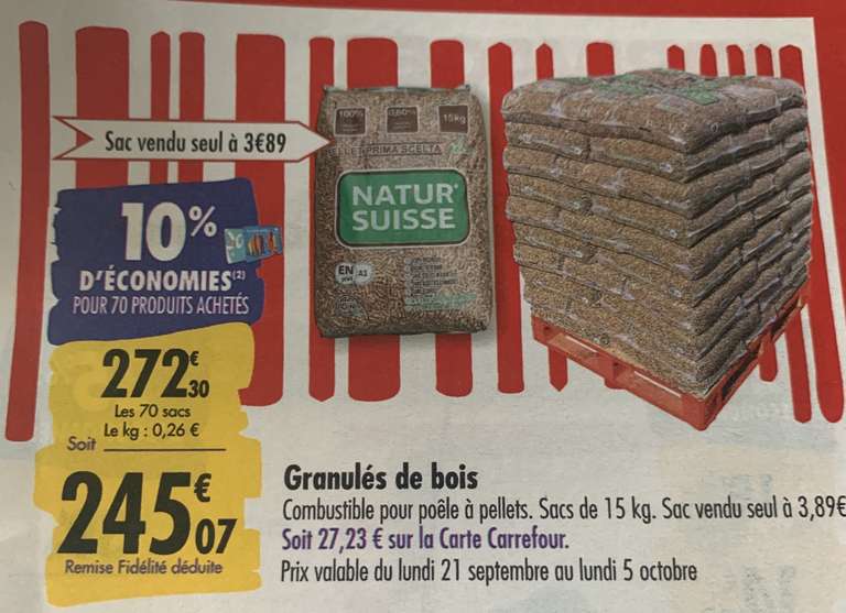 Palette de 70 sacs de granulés de bois - 70 x 15 kg (Via 27.23€ sur la carte fidélité)