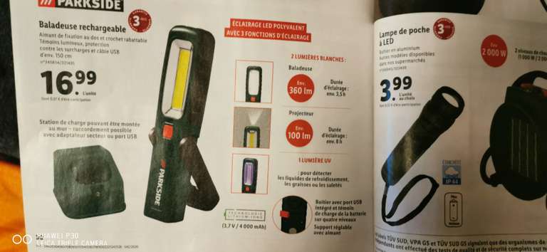 Sélection d'articles en promotion - Ex: Baladeuse rechargeable avec lumière UV Parkside - 360 lm