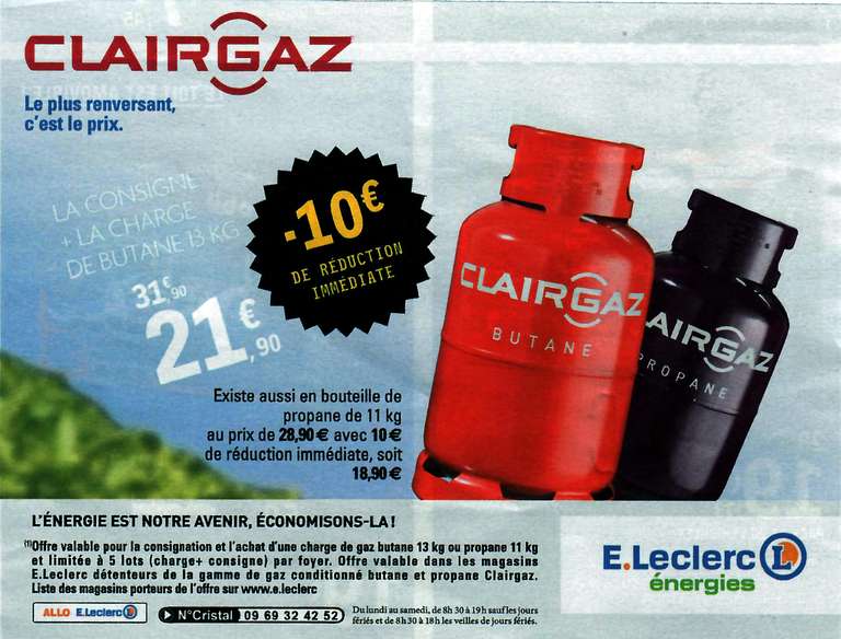 Bouteille de gaz Clairgaz - consigne + charge, butane (13 kg) à 21.9€ ou propane (11 kg) à 18.9€