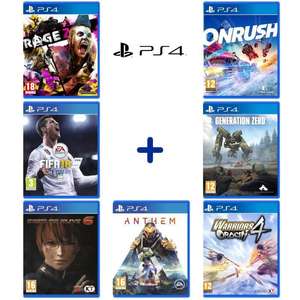 Lot de 7 jeux sur PS4: FIFA 18 + Génération Zero + ONRUSH + Rage 2 + Dead or Alive 6 + Warriors Orochi 4 + Anthem