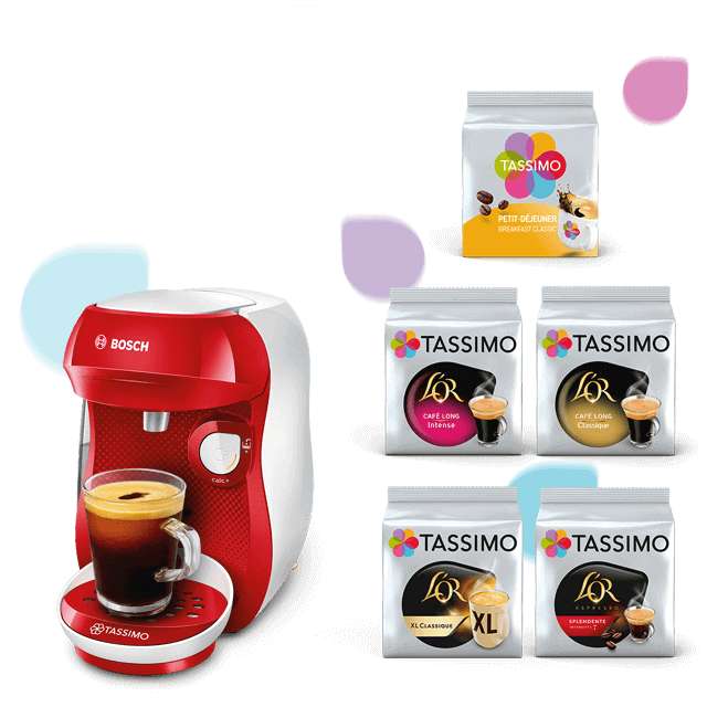 Machine à café Bosch Tassimo Happy (Rouge / Blanc) + 5 Paquets de capsules Tassimo