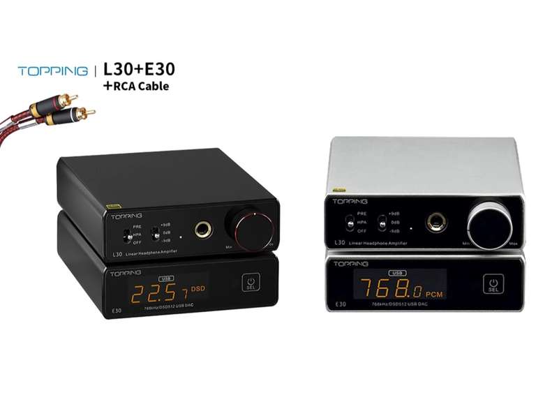 DAC Topping E30 + Amplificateur Casque Topping L30 + Câble RCA offert - USB, Optique, Coaxial, Préamp (183.03€ avec le code 2020FRIDAY)