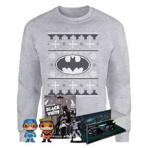 Lot de Noël DC Comics : 1 Pull de Noël Batman (S au XXL) + 1 réplique de la Batmobile + 1 Pop + 1 figurine Batman