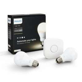 Kit de démarrage Philips Hue Smart Home LED : 2 Ampoules E27 LEDbulb Blanc 2700K + Pont de connexion (lampesdirect.fr)