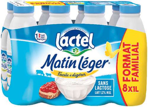 Pack de 8 bouteilles de lait Lactel Matin Léger - 8 x 1 L